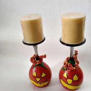 Halloween Jack O'Lantern Candle Holders Handmade Fall Pair